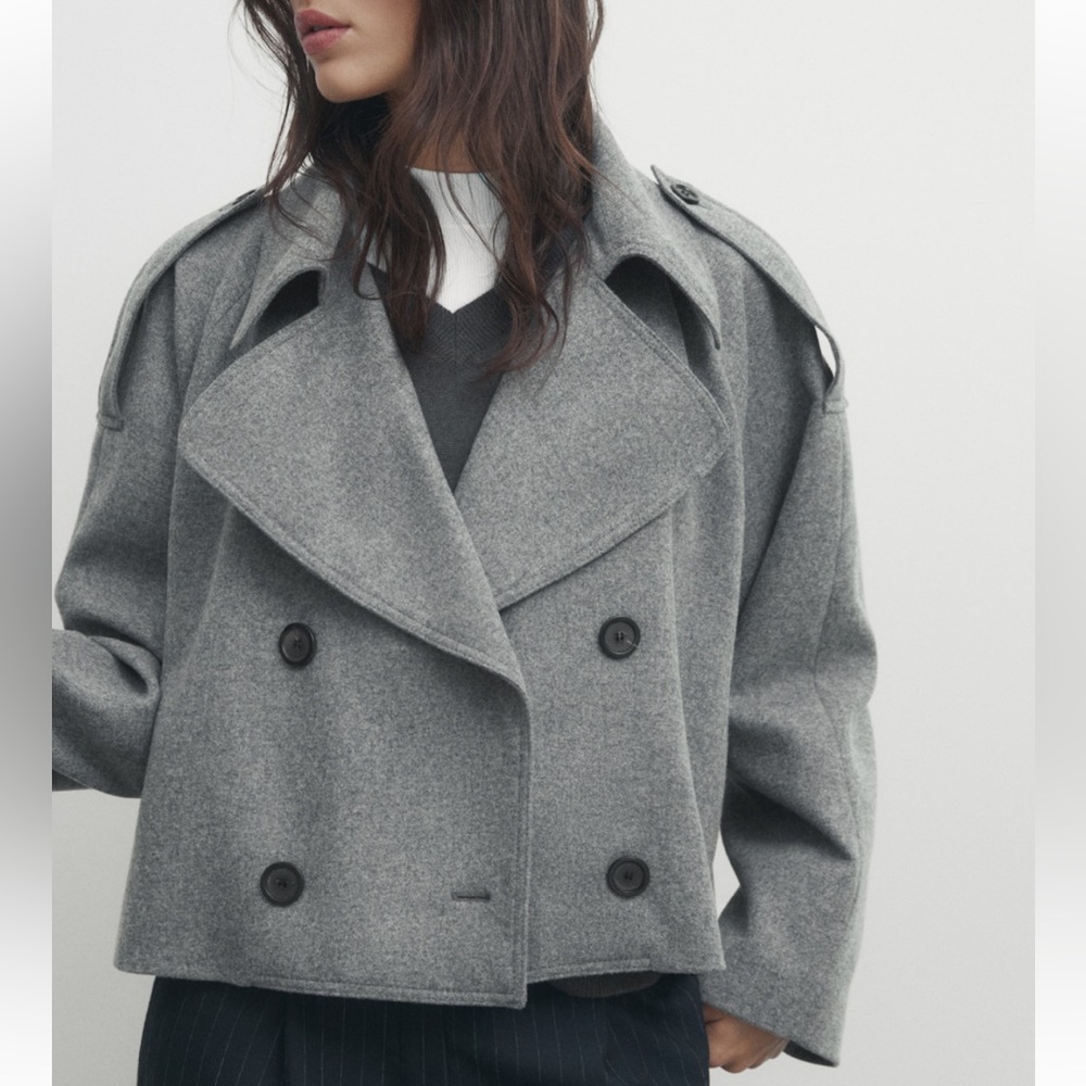 NWOT - MASSIMO DUTTI Cropped Wool Blend Flannel Trench Coat - Grey - XS